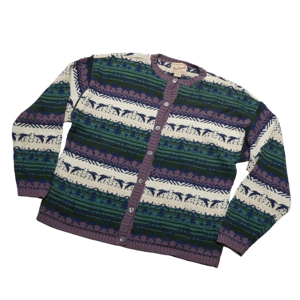 Woolrich Sweater Cardigan Womens M Multicolor 100% Cotton Crewneck Fair Isle